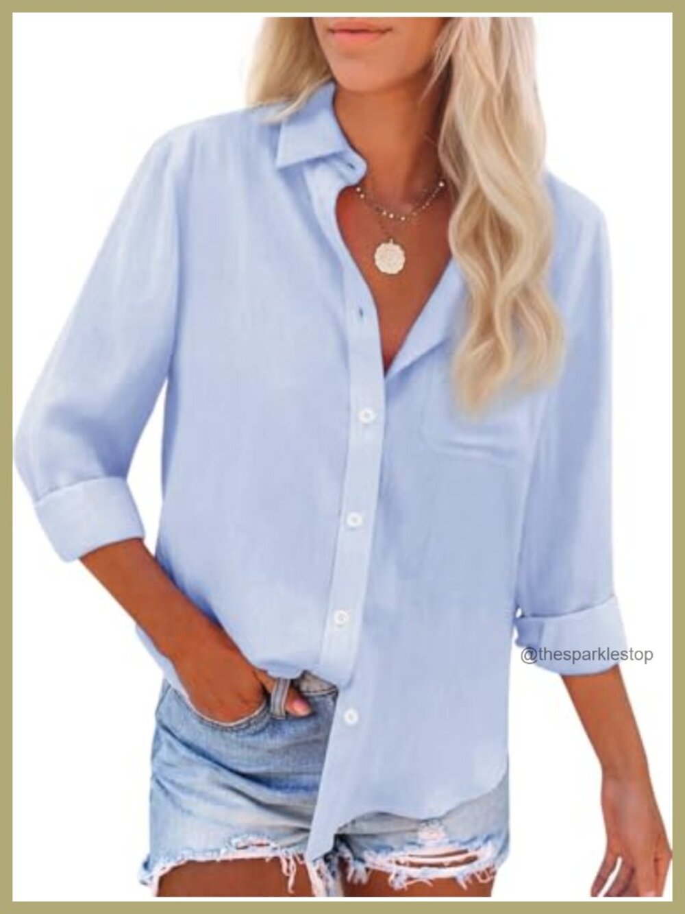 Womens Cotton Button Down Shirt Long Sleeve Work Blouse with Pocket